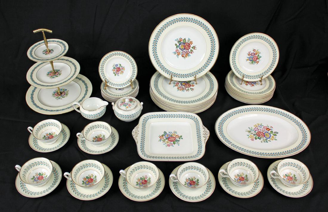 45 Pcs. Set of Wedgewood Woodstock Bone China: Forty Five Piece Set of Wedgewood Woodstock Hand Painted Bone China. (8)10.75" Dinner plates (8) Cups (8) Saucers (8) 8" Salad Plates (8) 6" Bread Plates (1) 3 Tier server with slightly different patt
