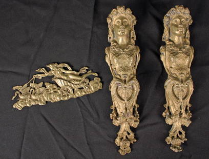 3 Pcs. of Gilt Bronze French Furniture Decoration: Three pieces of Gilt Bronze French Furniture Decorations. Attributed a French furniture maker, possibly - Charles Cressent, Paul Sormani, Charles Bernel or Francois Linke. (2) Furniture corner lady de