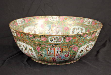 Exceptionally Large Chinese Rose Medallion Bowl: Exceptionally Large Hand-Painted Porcelain Chinese Rose Medallion Bowl. Bowl is attributed to the 19th century Qing dynasty period. The bowl is decorated with gold gilt, beautiful frames and medallion