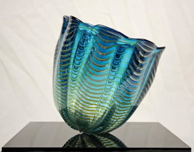 Dale Chihuly (1941-) Glass Seaform Vase, Teal Blue: Dale Chihuly (1941-) Glass Seaform Vase, Teal Blue Blown Glass with Amber Wave Decoration. Signed Chihuly on Body and PP 97 on underside. Approximate Size 8" High X 7.5" Diameter. A Stunningly Beautif