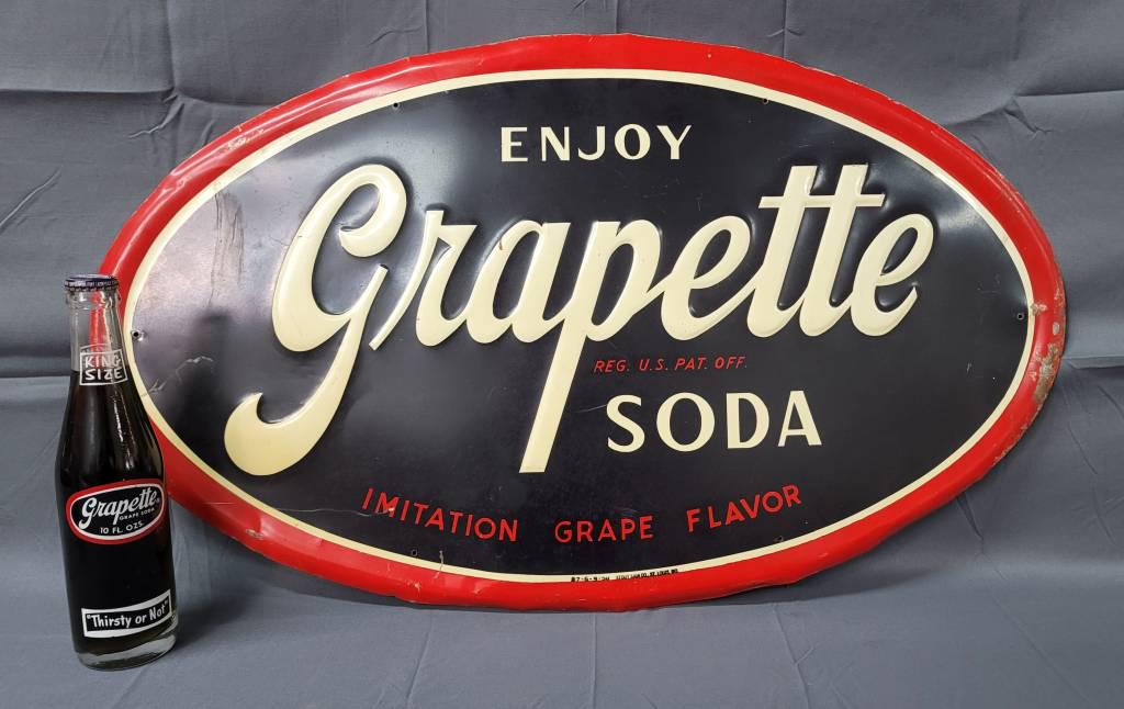 Enjoy Grapette Soda Sign Stout Sign 1950: Enjoy Grapette Soda Sign Stout Sign 1950 all original condition and marked Stout Sign Co. 87-6-9-50 Has normal wear from use, overall in great condition. Condition 6.8 -7 range, comes with original bo