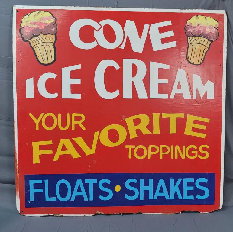 1950s Cone Ice Cream Hand Painted wooden Sign (1 of 2)