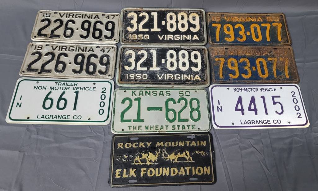Lot of10 Vintage Car Tags: Lot of Ten Vintage Car Tags in used condition. Three sets are in matching pairs from 1947-1950-1953, one Kansas 1950 plate, Rocky MT Elk Foundation vintage tag, and two Lagrange CO plates in very good