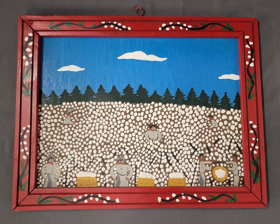 Patience Hamilton Folk Art Painting "Weighing Cotton": Patience Hamilton Folk Art Painting that is titled "Weighing Cotton by Patience Hamilton. This has a great example with a painted frame and a scene of African Americans picking and weighing cotton far