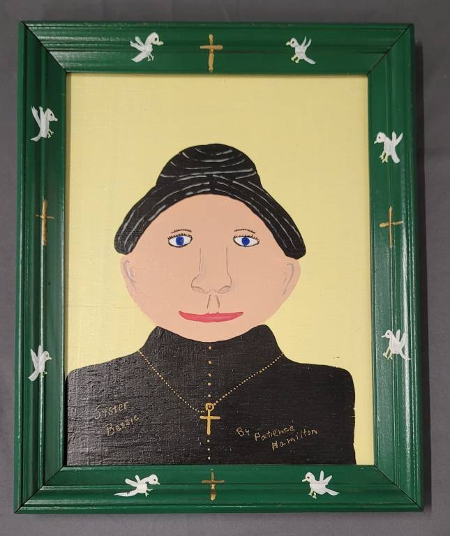 "Sister Bessie" By Patience Hamilton Folk Art Painting: "Sister Bessie" By Patience Hamilton Folk Art Painting # 4 on wood, great detail and colors & great folky subject mater. Excellent Condition. Size 16" x 13"