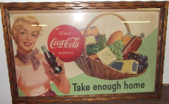 Coca Cola Poster: Serve Coca Cola in bottles - Basket of food - Take enough home