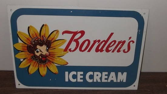 Borden's Ice Cream Sign: Borden's sign featuring Elsie. Dimensions: 30 x 18 Circa: 1953