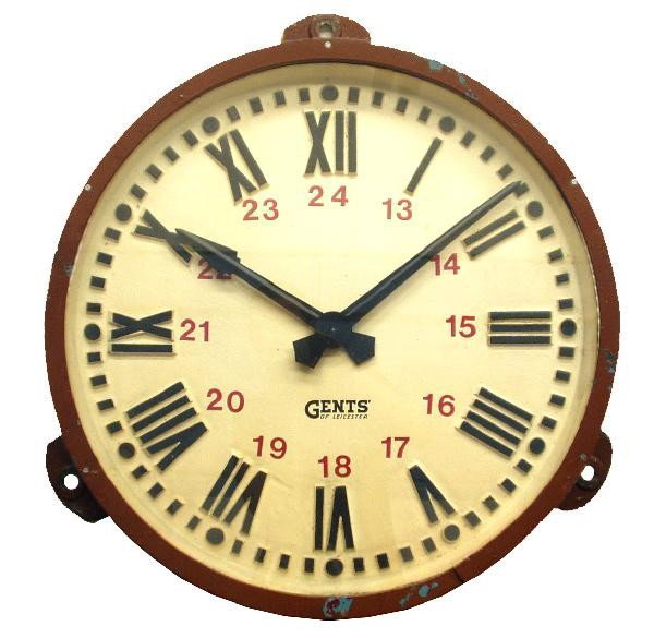 Cast Iron Train Station Clock: "Gents of Leicester", embossed cast iron Roman numerals, military hours are painted on. Clock has not been tested. Dimensions: 26" diameter