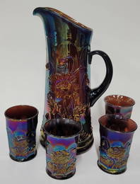 Rare Northwood Eletric Carinval Glass "Oriental Poppy" Pattern Tankard & Tumbler Set