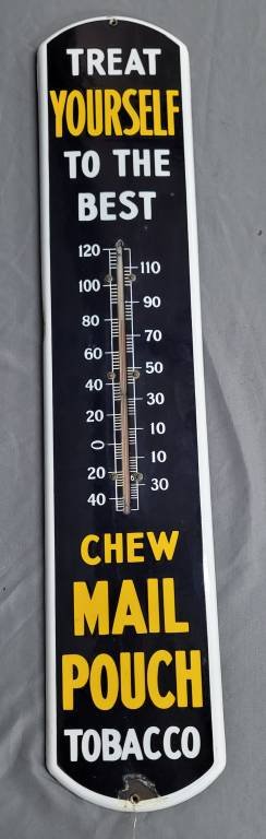 Chew Mail Pouch Tobacco Porcelain Thermometer: Fine circa 1915-1920 Chew Mail Pouch Tobacco Porcelain Thermometer in outstanding collector grade condition around a 8.0++ Early example. Strong gloss. 39" Tall