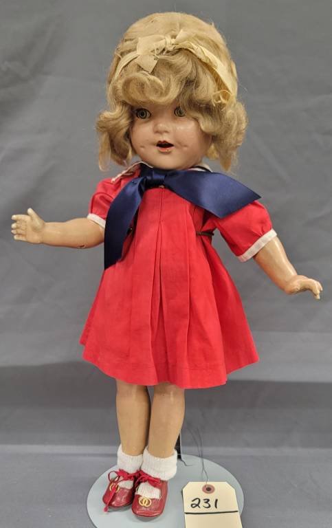 1935 Shirley Temple Doll: 1935 Jointed Shirley Temple Doll in original condition with cloths all original. Condition is a 6.0-6.5 range and no breaks or repairs. This doll is not marked which makes it a early example. Ideal Do