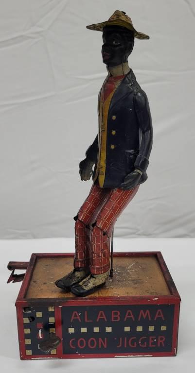 Rare Lehmann Alabama Coon Jigger German Toy: Rare Alabama Coon Jigger German Wind Up Toy Germany, lithographed tin, popular dancer on platform, clockwork mechanism. 10" h. Condition Scratches to litho, color strong, overall (VG++ Cond)