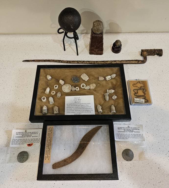 Civil War Artillery Shells & Civil War Relics: Civil War Artillery Shells Lot found on private land in Atlanta Georgia by current owner. Three cannon and artillery shells plus a fine lot of Civil War Lead rifle bullets, The bullets carved as minia