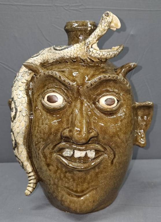 Rare Clint Alderman Snake Devil Face jug W/ Verse (1 of 1): Rare Clint Alderman Snake Devil Face jug With Verse and is a true one of one. Signed and dated 2021. This is truly once in a lifetime example with this Devil - Rattlesnake Face Jug Bible Verse. This i