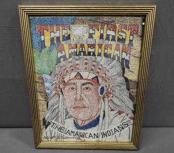 James Brown Folk Art Drawing of American Indian: Fine James Brown Folk Art Drawing of American Indian Titled " The First American" with strong colors and eye appeal. This is a great example and is just really cool. Great condition on found material.