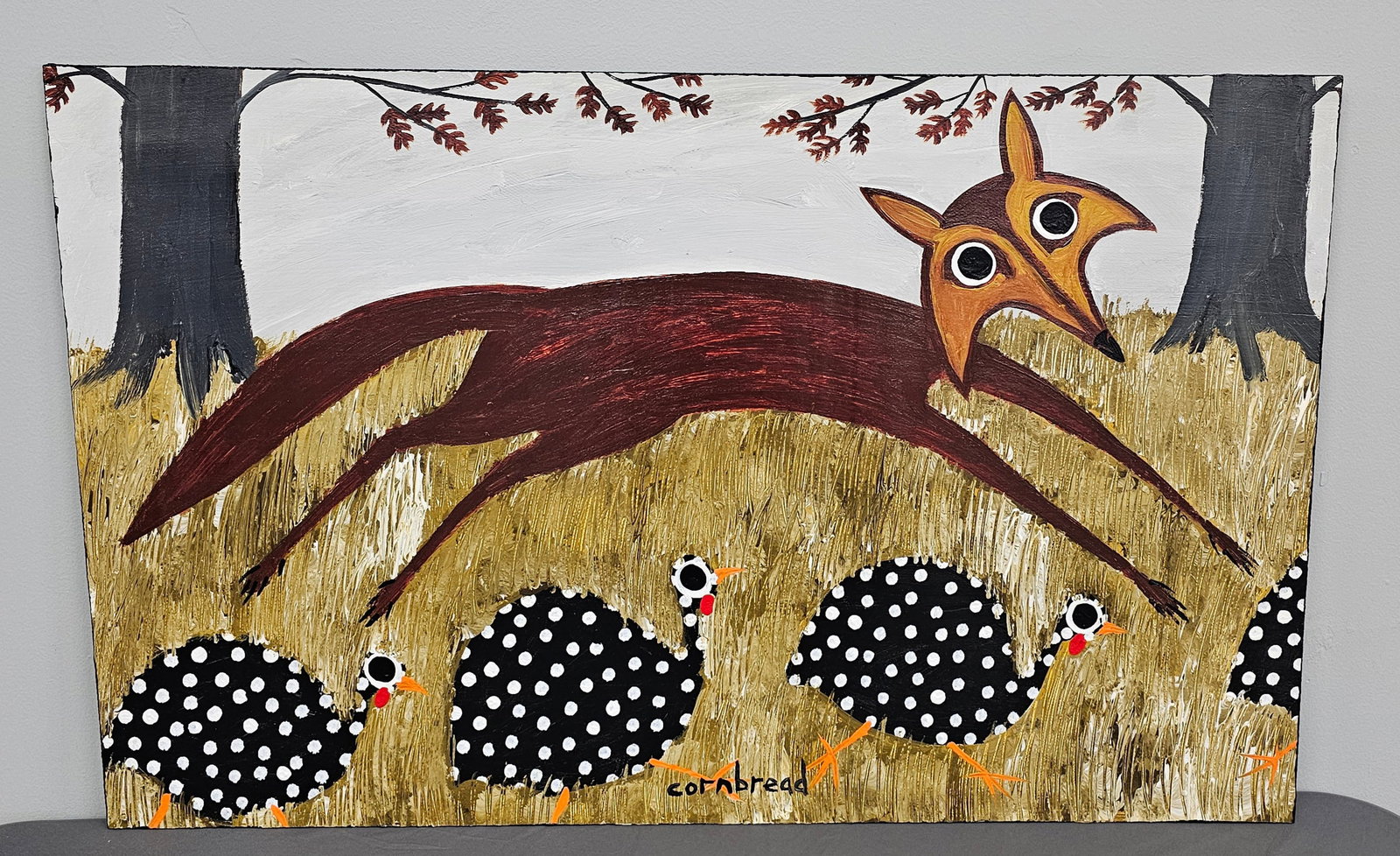 Stellar John "Cornbread" Anderson Folk Art Red Fox & Guineas Painting (1 of 2)