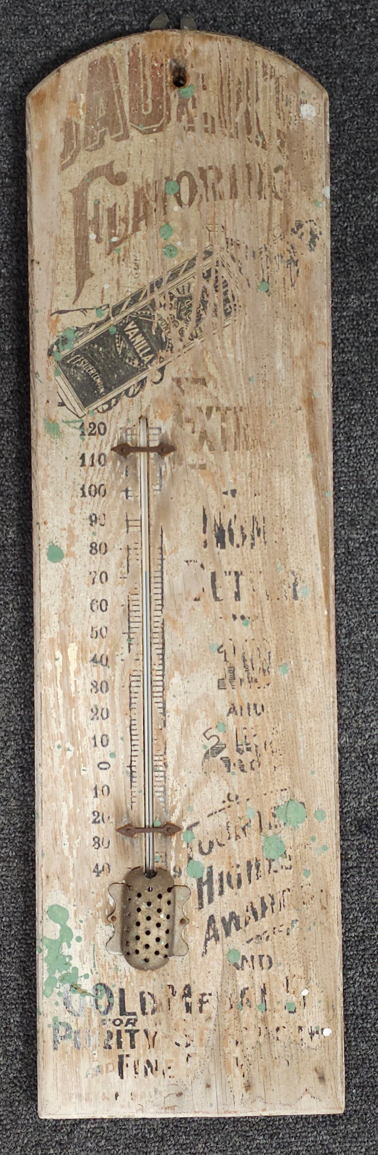 1880s Sauers Pure Vanilla Wooden Thermometer: 1880s Sauers Pure Vanilla Wooden Thermometer in overall good condition for age and outside enviornmental condition. All original with tube. Size: 24" T x 6 3/4" W