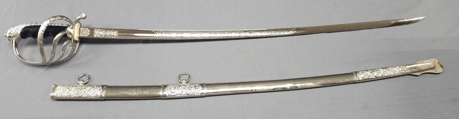 Fine N.S. Myer US Air Force Officers Sword: Fine N.S. Myer (Made in Germany) US Air Force Officers Sword presented to Lt. Colonel J.G. Ruth USAF-A-CAP 15-Dec-71 From Group IX Tenn. Wing Stunning detials on the sheath, blade and D Guard with Gar