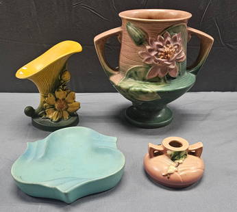 Roseville & Van Briggle Art Pottery Lot: Authentic Roseville & Van Briggle Art Pottery Lot of four pieces. 1- Van Briggle Ash tray, signed and mint. Size: 7" W 2- Waterlilly vase 175-8, small flake in rim, painted over. 3-Peony 170-6, mint c