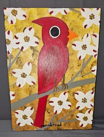 Cornbread Folk Art Painting- Cardinal on Dogwood