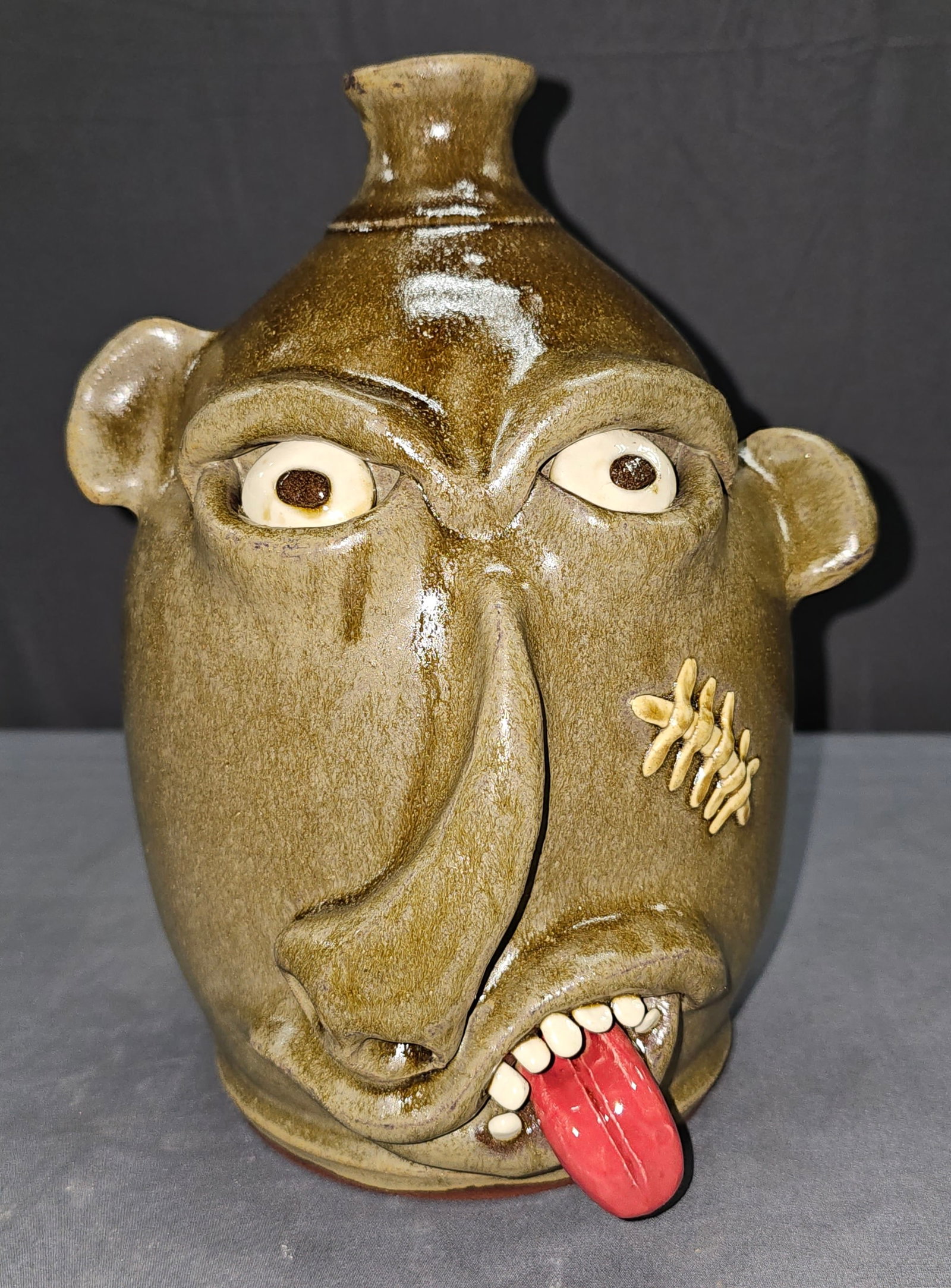 2001 Jeff Standridge Scar Face Folk Pottery Face Jug (1 of 3)