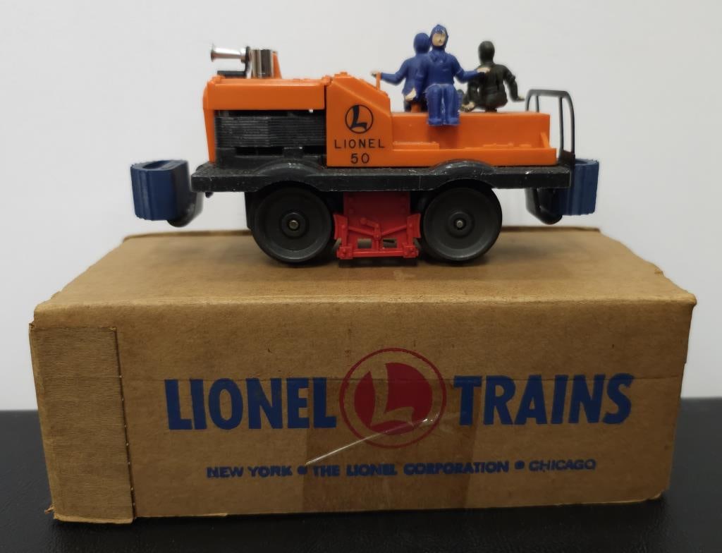 Lionel Post War No. 50 Gang Car: Lionel Post War No. 50 Gang Car with original box and the box is a brick. Tested and working. Gang Car C-7 missing one middle lever and minor scratches. Box is collector grade at C-8+