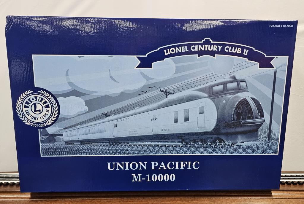 Lionel Union Pacific Century Club II M-10,000 & Century Club Boxcar (NIB): Lionel Union Pacific Century Club II M-10000. New in box, never ran. Also comes with Lionel 6-51249 Union Pacific M-10000 Overland Trail Sleeper Car in original factory shipping box, C-9.9+ never oped