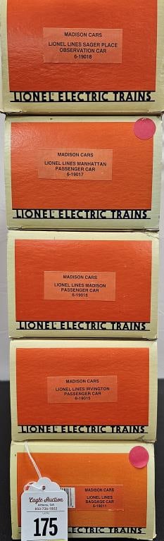 Lionel Lines Madison Passenger Car Set of 5: Modern Era, O-Gauge. Lionel Lines Madison Passenger Car Set of 5. All cars are new in box, C-9.9+ 1. Baggage Car 6-19011 2. Irvington Passenger 6-19015