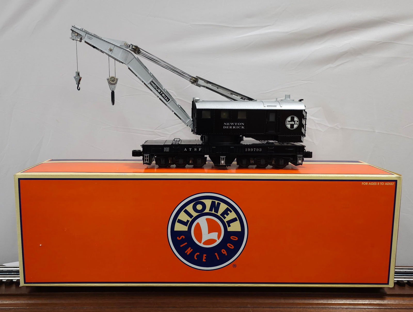 Santa Fe Crane Car with TMCC #199793: Lionel 6-26769, Modern Era, O-Gauge, Santa Fe Crane Car with TMCC #199793 C-8.8+ Features: TMCC equipped