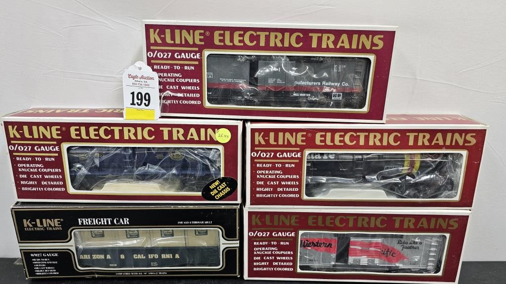 K-Line Box Car & Tanker Car Lot 5: K-Line O-Gauge, Box Car & Tanker Car Lot Five. All five are in C-9 condition. 1. MRS Box car K 649104 2. 1997 TCA 43 National Conv. Gondola W/crates, K 659105