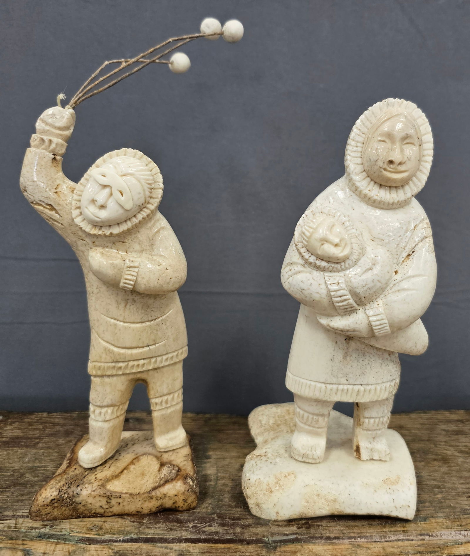 Chivly Chupak Bone Carving Lot: Chivly Chupak Bone Carving Lot of Two made in Alaska, In Very Good Condition, Both are Signed 1. Mother and Child (left foot chip o front possibly from when it was carved)2. Bolo ManSize:7 1/2" T & 8