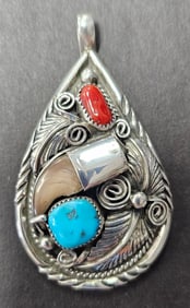 Native American Sterling & Turquoise-Coral Pendant.