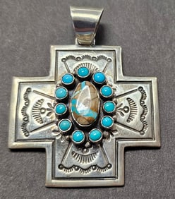 Fine Navajo Sterling Silver Cross Pendant Signed