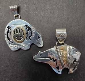 Navajo Bear Silver & Gold Pendant Lot Signed