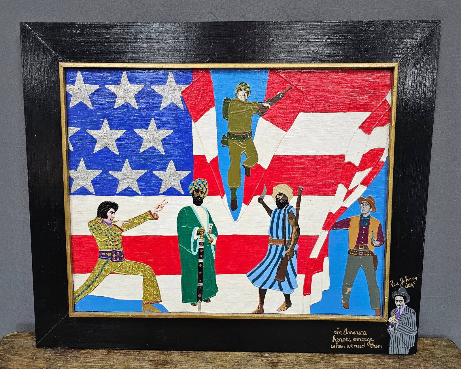 Reverend Johnny Ace Folk Art Painting: Outstanding Reverend Johnny Ace Folk Art Painting with stellar eye appeal and colors are very bold. Framed Size: 20" x 16 1/2"
