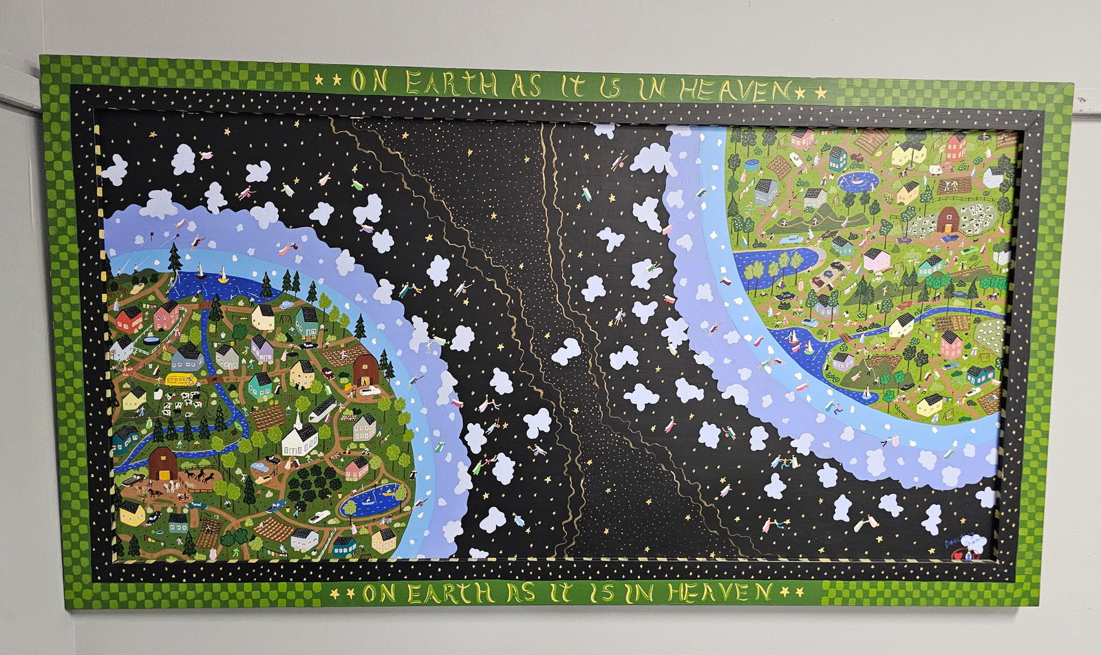 Stunning Dorethey Gorham Folk Art Painting: Stunning and Significant Dorethey Gorham (1949TX-2021GA) Folk Art Painting "On Earth As It Is In Heaven" Early 2000s time period. Folks simply outstanding, their is not going to be another one, . This