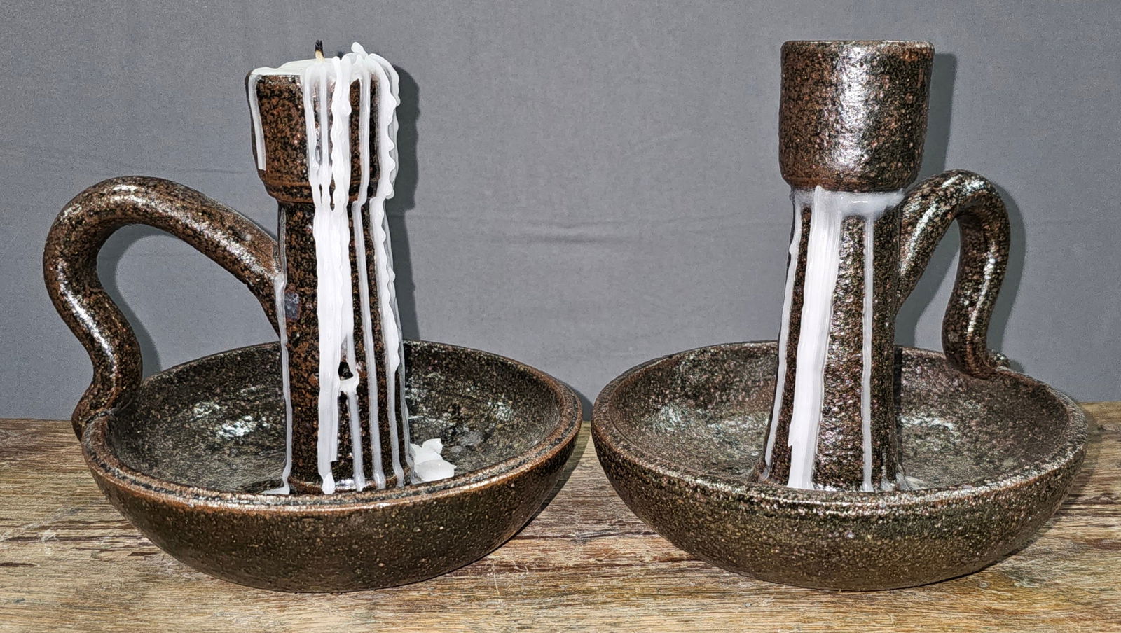 Fine Lanier Meaders 6" Candle Sticks (Pair): Fine Lanier Meaders 6" Candle Sticks (Pair) Southern Folk Pottery Candlesticks [pair], script signed on bottom “Lanier Meaders” 1970s. Standing: 6" Tall each. From Dr. J.T. Bryson - Willingham