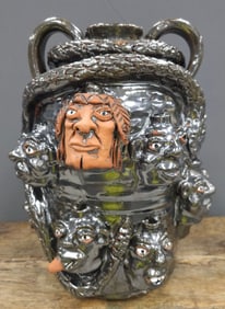 Rare #2 Kim Black Multi Folk Pottery Face Face Jar