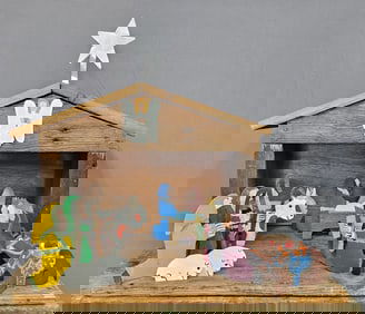 Rare Tubby Brown Folk Art Carved Manger Scene