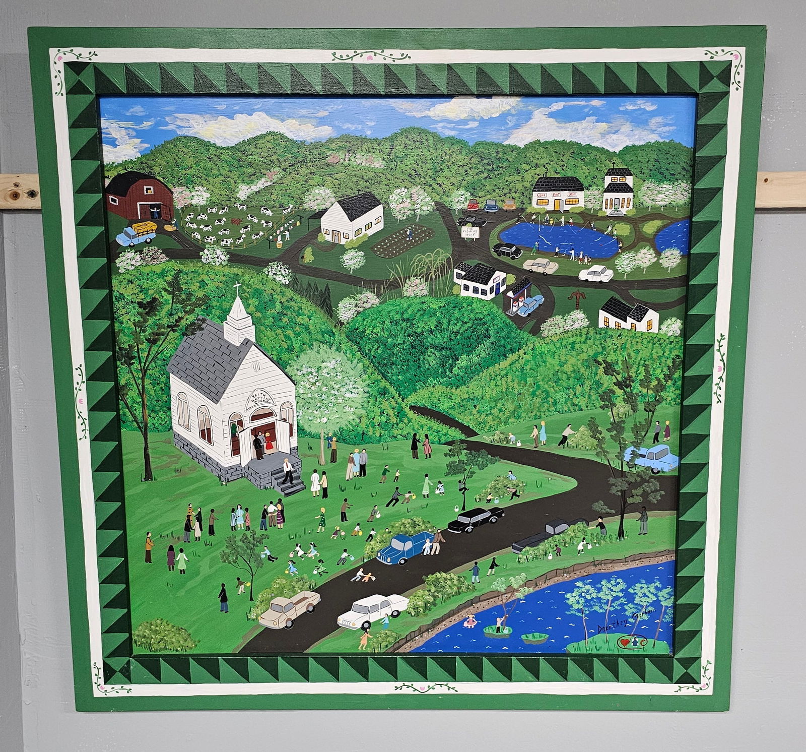 Dorethey Gorham Folk Art Painting "Springtime": Outstanding Dorethey Gorham (1949-2021) Folk Art Painting "Springtime" that is truly a collector grade example with stunning eye appeal and is highly sought after. Excellent collector grade condition.