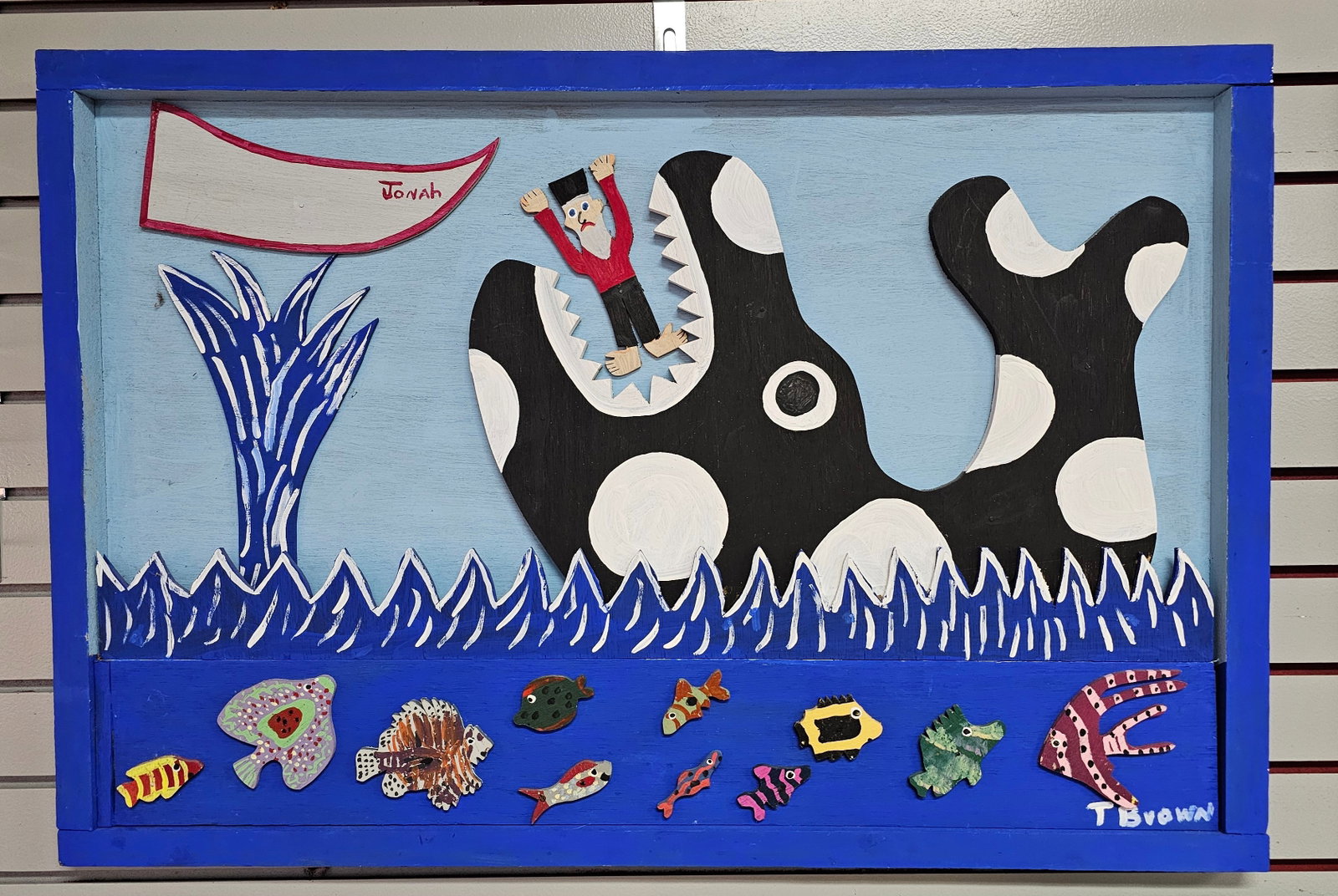 Tubby Brown Folk Art Painting "Jonah & The Whale": Significant Tubby Brown (1929-2003) Folk Art Painting "Jonah & The Whale" that is an investment grade folk art painting. Collector grade condition with stunning eye appeal. Painted on found wood and c