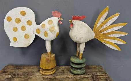 Pair of Folk Art Carved Chickens