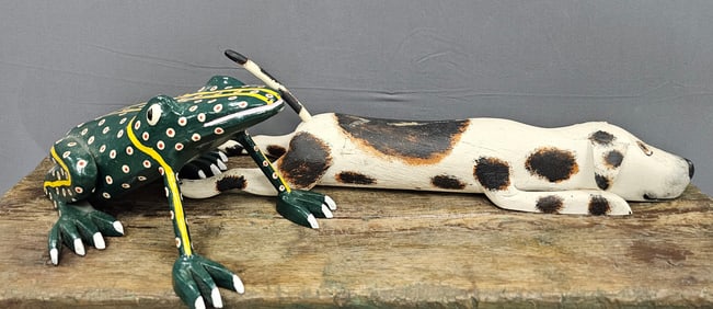 Rare Signed Folk Art Frog & Dog Carving Lot