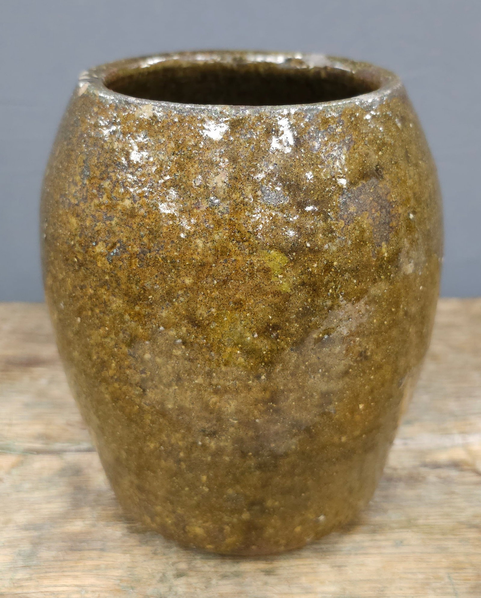 Rare Wiley C. Meaders Grease Jar White Co. Georgia: WILEY C. MEADERS (1875-1965) Rimless Grease Jar (5 ½” height), slight ovoid form, beveled base, glaze on bottom which may cover script signature. Otherwise unsigned. Probably made 1940-50. 