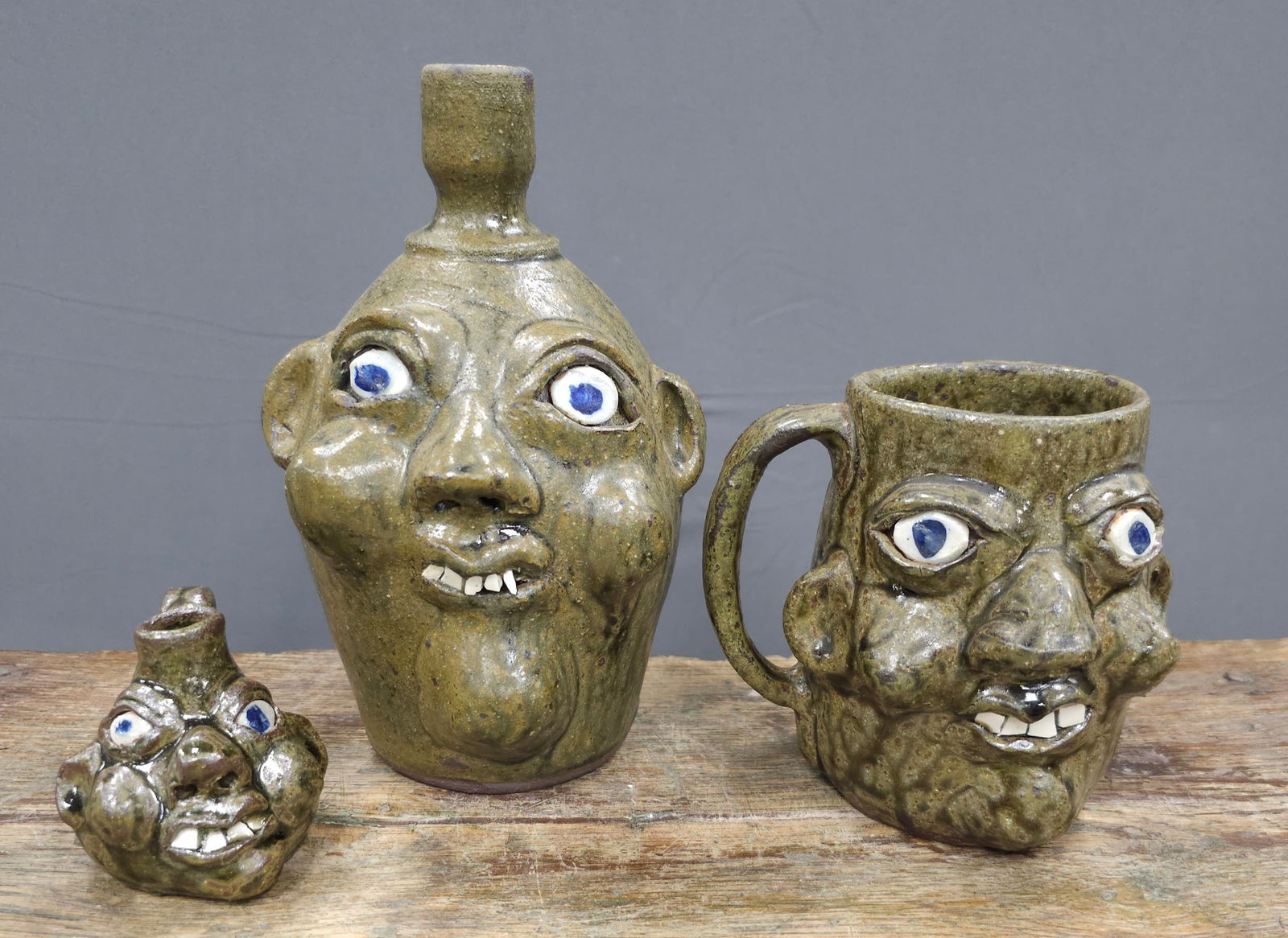 Grace Nell Hewell Folk Pottery Face Jug Lot (1 of 3)