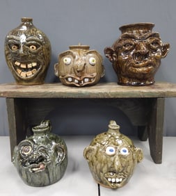 Fine Southern Folk Pottery Face Jug Lot of 5