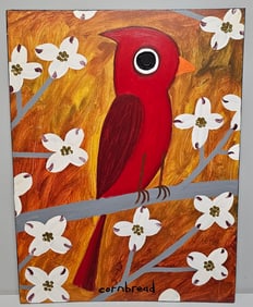 Stunning & Large John "Cornbread" Anderson Cardinal On Dogwood Folk Art Painting