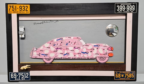 Authentic Howard Finster Folk Art Pink Cadillac Painting