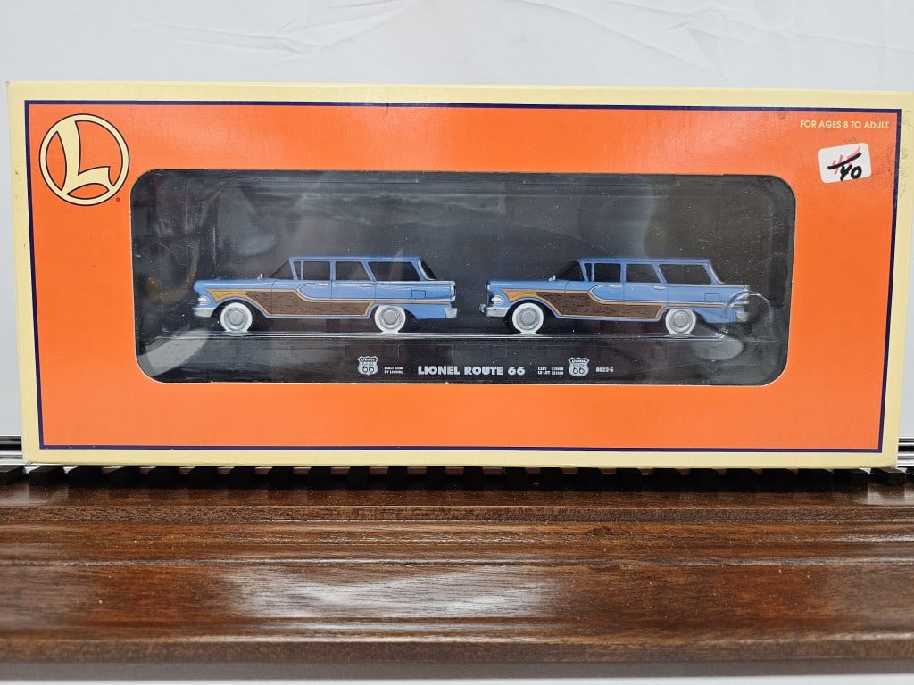 Lionel Flat Car W/Touring Coupes Route 66: Modern Era, Lionel 6-17548, Flat Car W/Touring Coupes Route 66. C-10