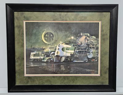 Fine Southern Railroad Engine Framed Print: Fine Southern Railroad Engine Framed Print by artist Winfield. A perfect addition to any train layout room or Southern Railroad collector. Excellent condition. Size: 33" x 27"